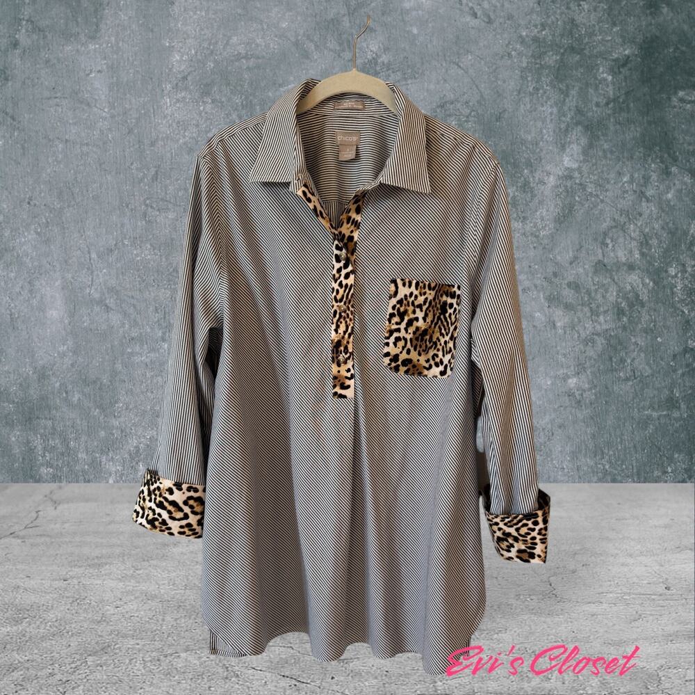 Chico’s Non Iron Coolmax Black White Animal Print Accents Sz 3/ 16/XL